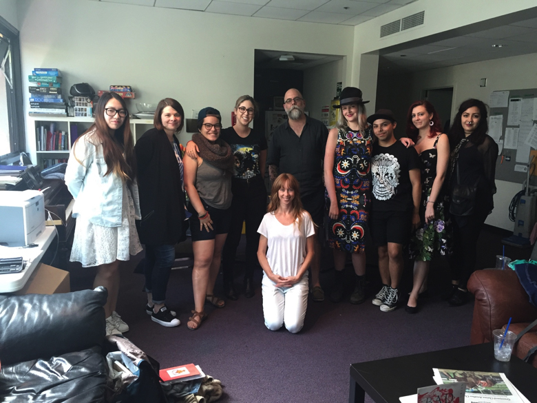 Back stage in the green room at Berkeley Repertory Theatre. From left to right: Yi Li, Victoria Comer Mortimer, Nikki Anderson Joy, Summer Hall (kneeling), David Zinn, Clarkie Kabler, Julian Gutierrez, Bree Dills, and Monica Aranda.