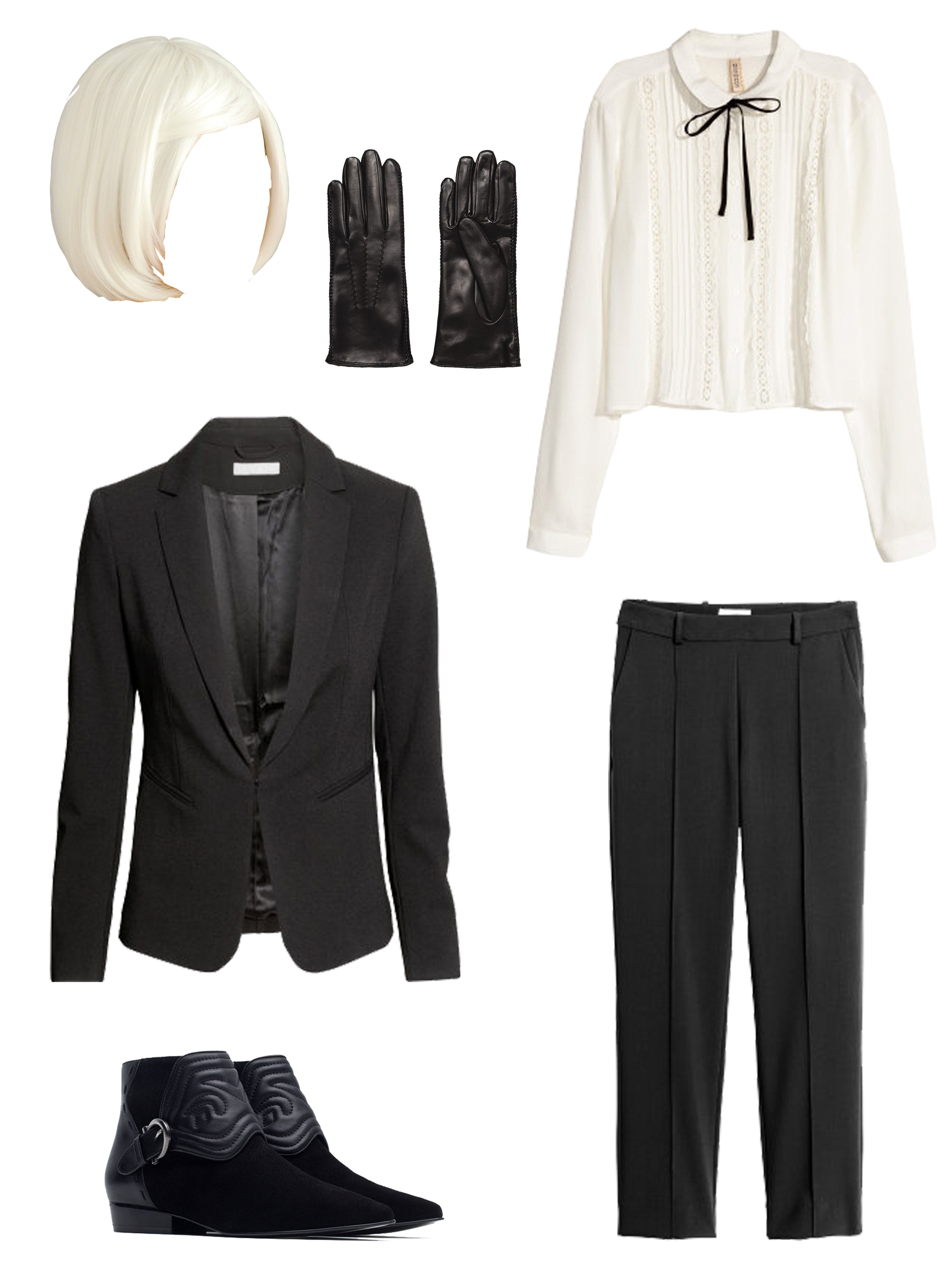 Wig from Aliexpress, Sunglasses from Topshop, White Blouse, Blazer & Pants from H&M, Gloves and Boots from Zara