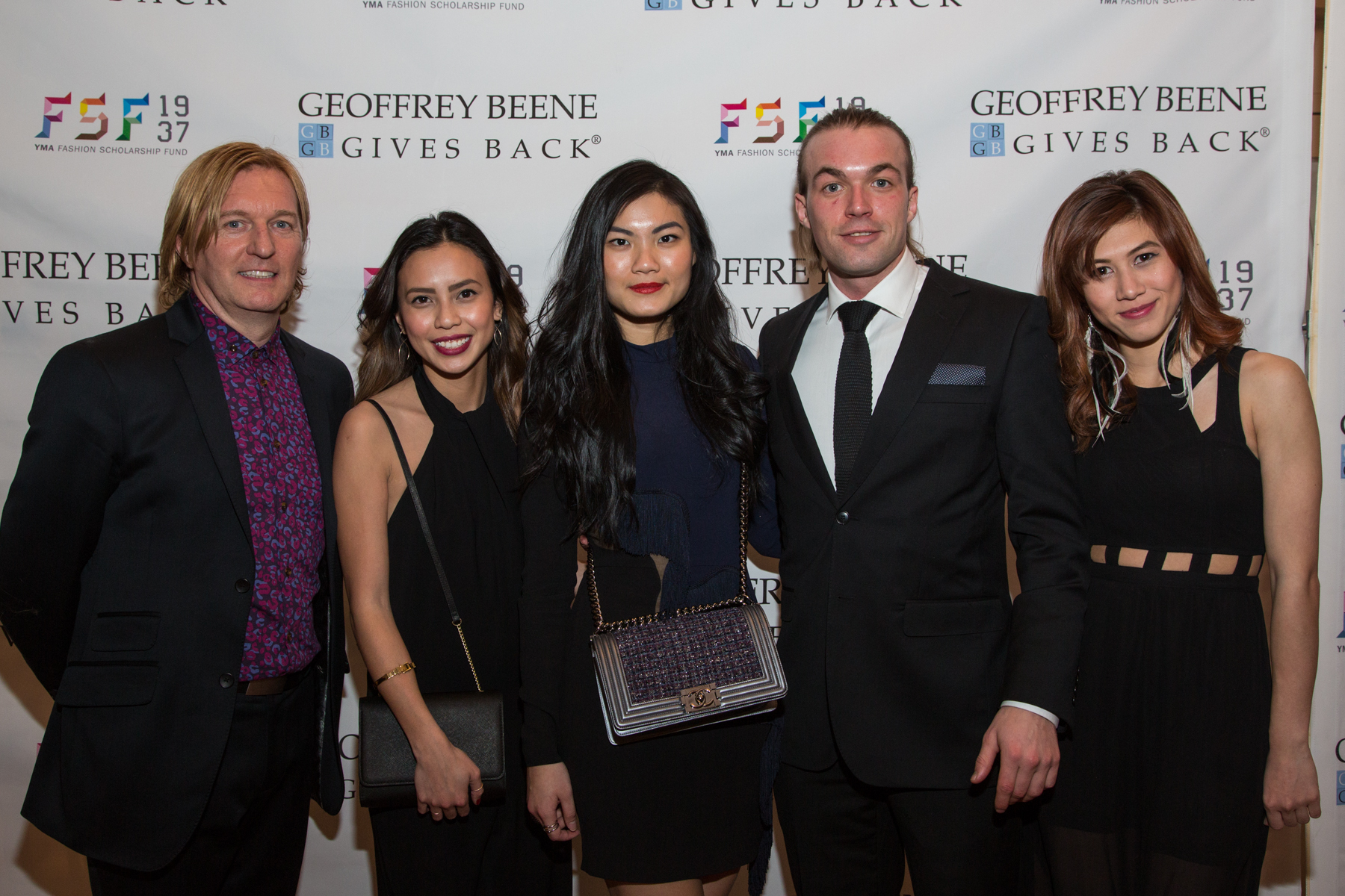 Senior Directory of Merchandising at Academy of Art University School of Fashion, Keanan Duffty, Academy of Art University YMA FSF 2014 winners; Celina Enriquez, Stephanie Michelle Hendrawan, Martin Evensen, and Busara Buty. Photo courtesy of YMA FSF 