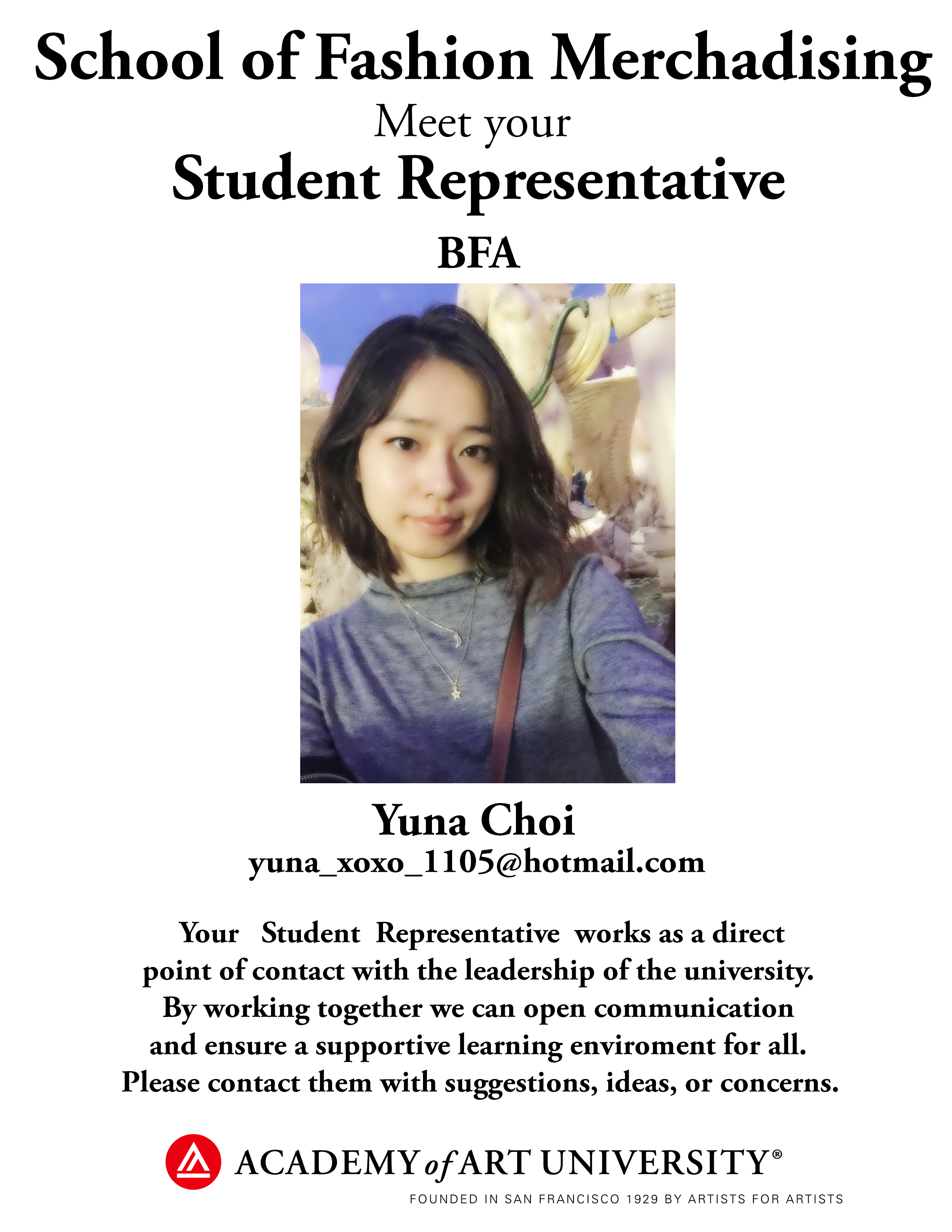 BFA Fashion Merchandising student representative Yuna Choi/email: yuna_xoxo_1105@hotmail.com