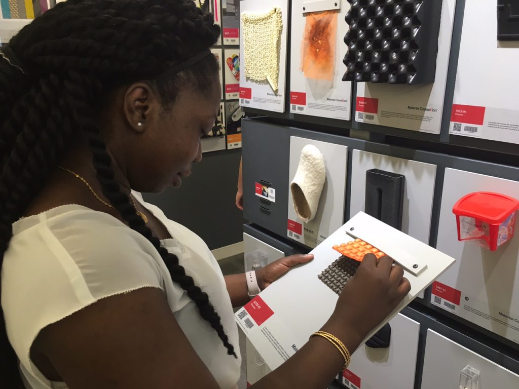 Ganiat Balogun, MFA Product Development; looking at a Molded Foam from RAM Technologies Image Source: Iliana Ricketts