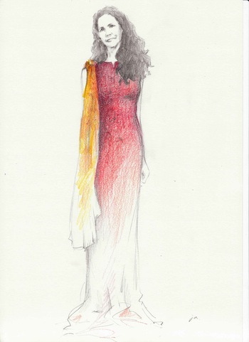 An illustration by Jungah Lee of Betsy Franco wearing Camilla Olson