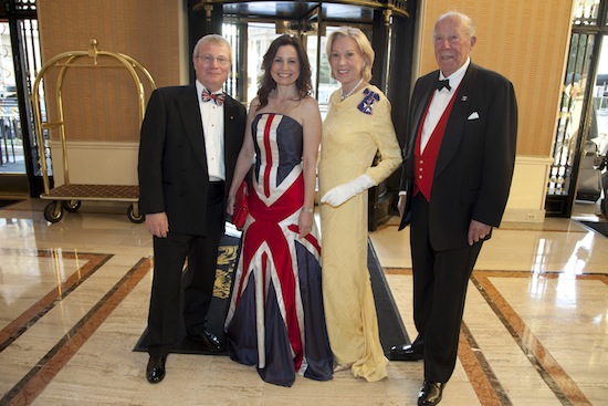 Consul General Julian Evans (from left), Mrs. Gayle Evans, Charlotte Schultz Hon CVO, and The Hon George Schultz at the Royal Ceremonial Ball to celebrate the 85th birthday of Queen Elizabeth II and the royal wedding of Prince William and Catherine Middleton at the Intercontinental Mark Hopkins Hotel in San Francisco. Photo credit: Ashleigh Reddy.