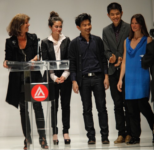 Special guest Laure du Pavillon (left) with 2011 French Exchange recipients (from left) Drew Williams, Peter Nguyen, Peter Yang and Lisa Relth at May's Spring Fashion Show. (Photo credit: Randy Brooke)