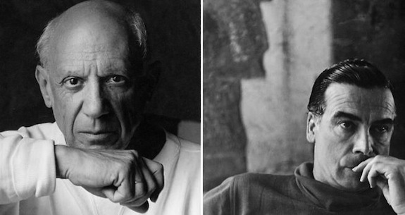 Left: Portrait of artist Pablo Picasso June 2, 1954 in Vallauris, France. © Arnold Newman/Getty Images. Right: Cristóbal Balenciaga (circa 1952). © Bettmann/CORBIS.