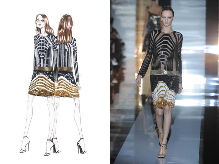 Sketch of Gucci design with photo of designed garment 