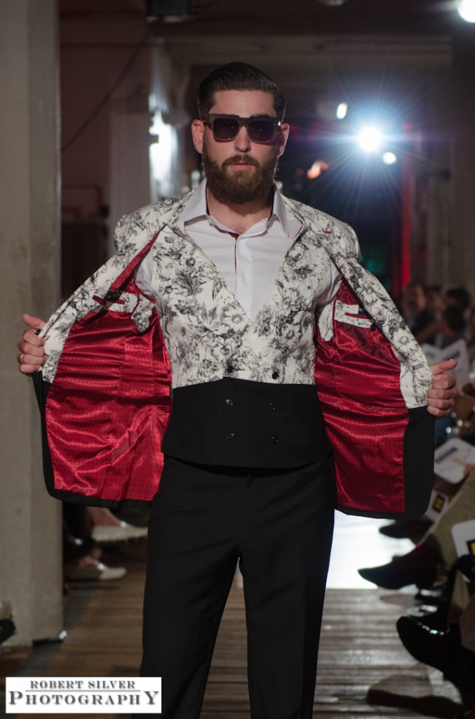 Model sporting the floral-block Artful Gentleman suit. Photo by Robert Silver.