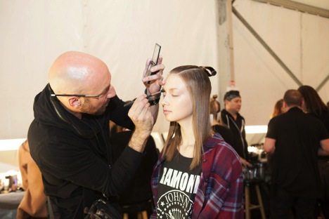 Victor Cembellin backstage at Academy of Art University show during NYFW. Image Courtesy of Stacy Murphy Photography