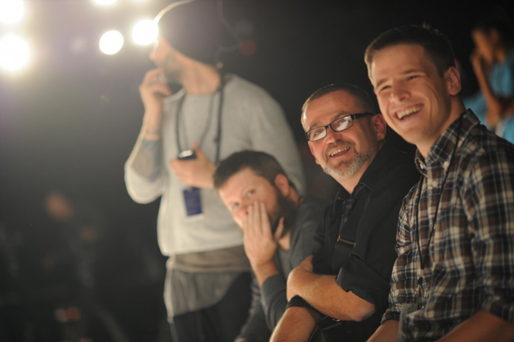 Danny Roberts and Executive Director Simon Ungless watch the dress rehearsal at September 2007 New York Fashion Week.