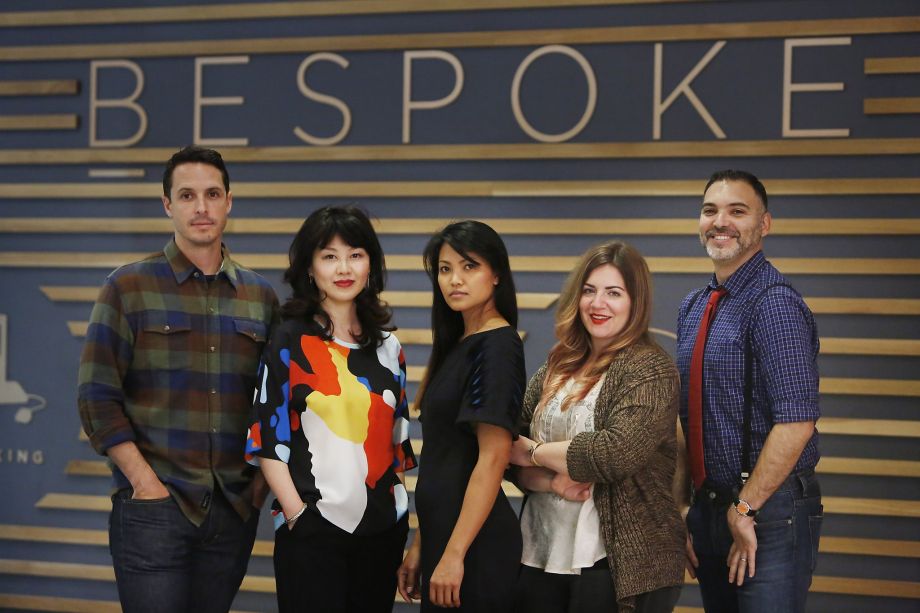 Scott Ellison, Pladra designer; Jessie Liu, Simple Pair designer; Carlos, Kajan Cake designer; Stephanie Bodnar, Evgenia designer, and Peter Papas, Blade + Blue designer pose for a portrait at Bespoke at Westfield San Francisco Centre,