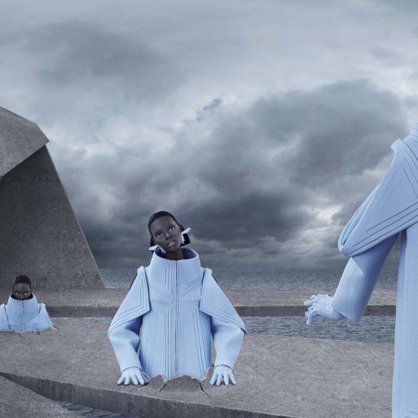 Models in futuristic clothes emerge from the ground
