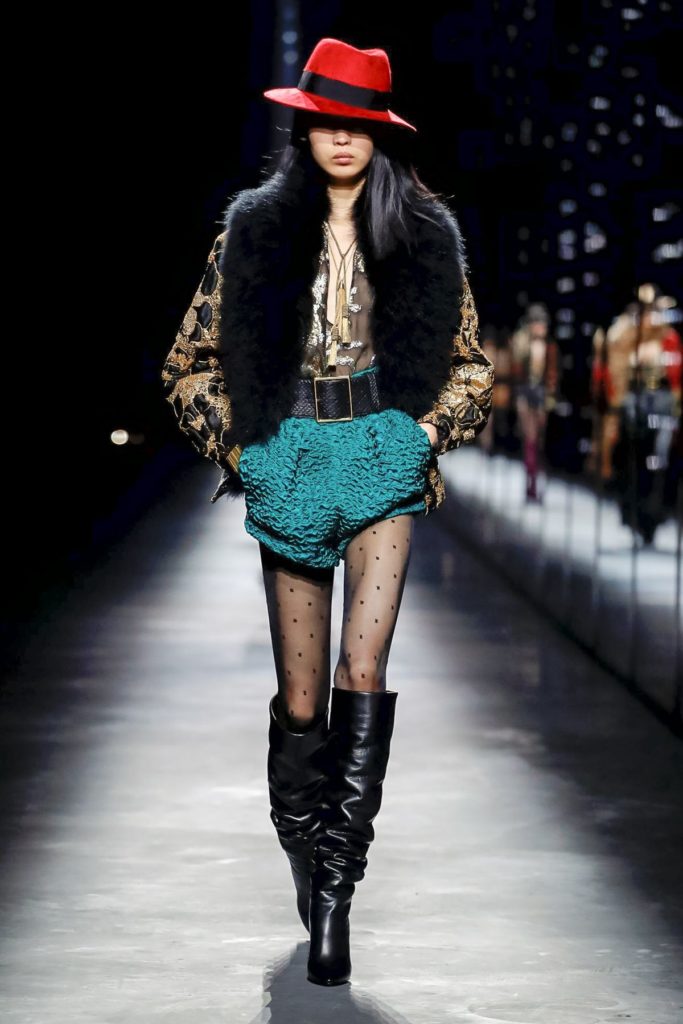 yves st laurent teal shorts and fur 